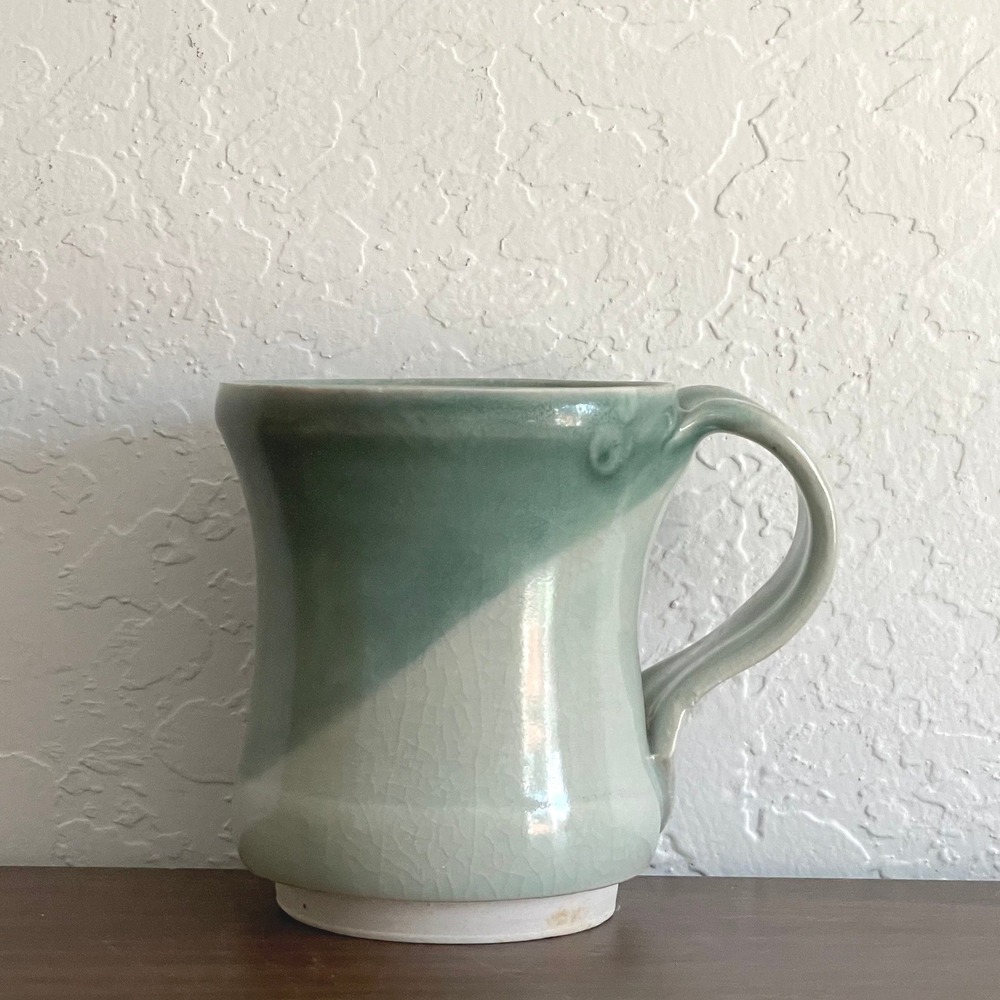Handmade Coffee Mug Green Glazed Studio Art Signed 12oz Ceramic‎